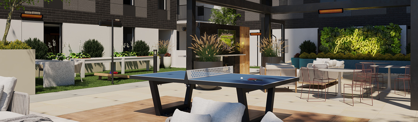 outdoor lounge with ping pong